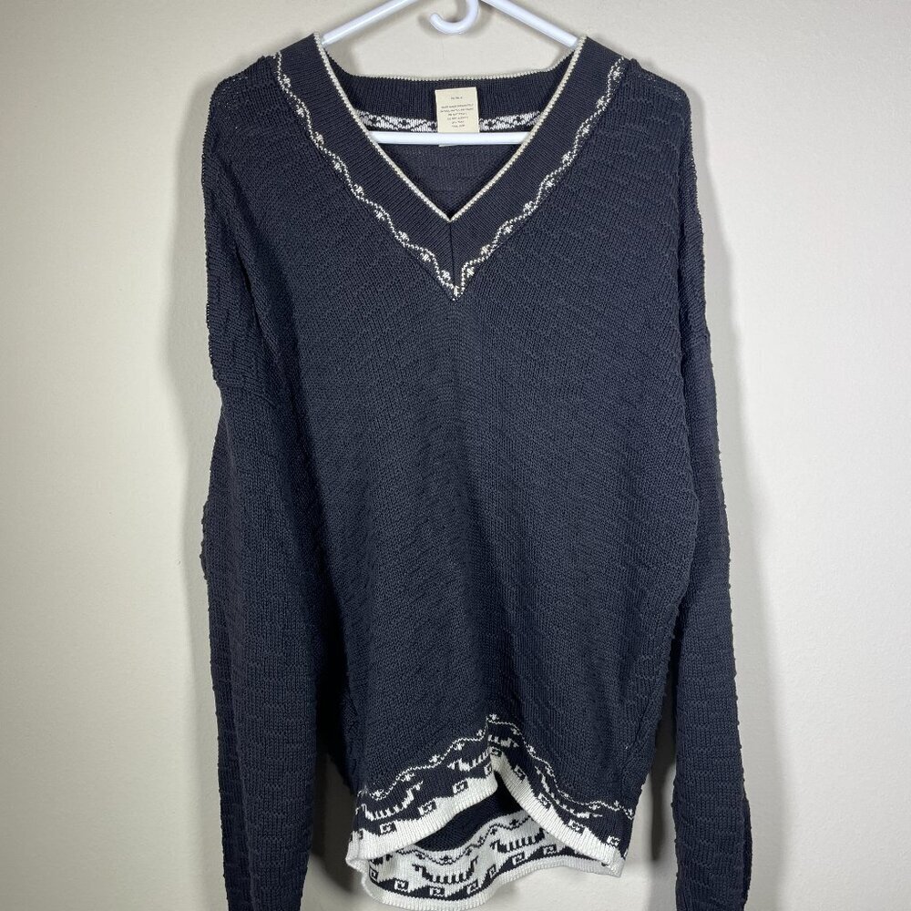 Generra Dark Gray White V-Neck Cotton Vintage Sweater Large Oversized!